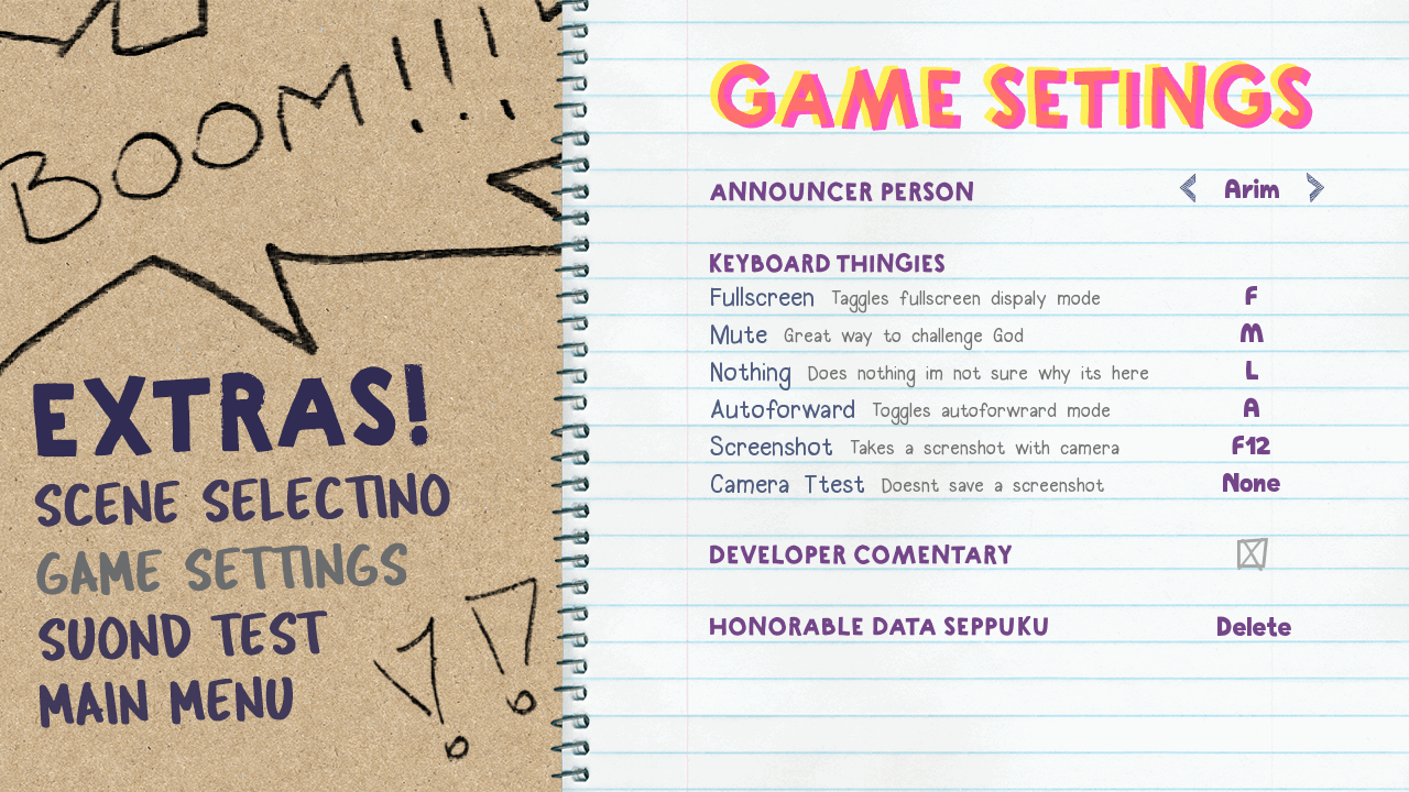 The game settings pag of the extras menu.